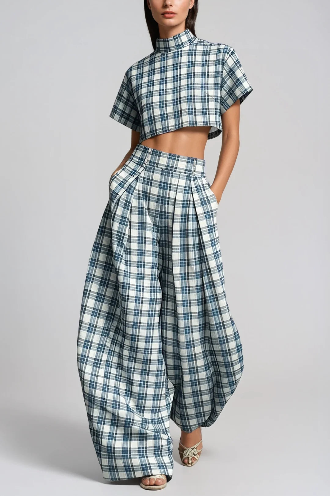 Hapi Plaid Cropped Wide-Leg Pants Set