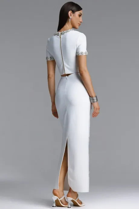 Lennon Elegant Short Sleeve Round Neck Rhinestone Blouse and Skirt Set