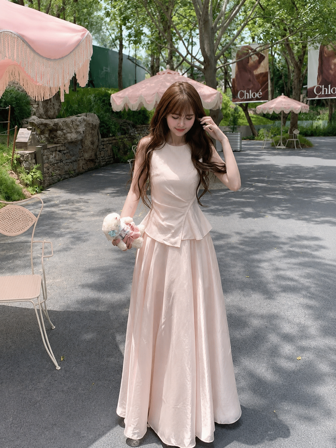 Powder Pink Layered Design Linen Maxi Dress – Elegant Long Summer Dress