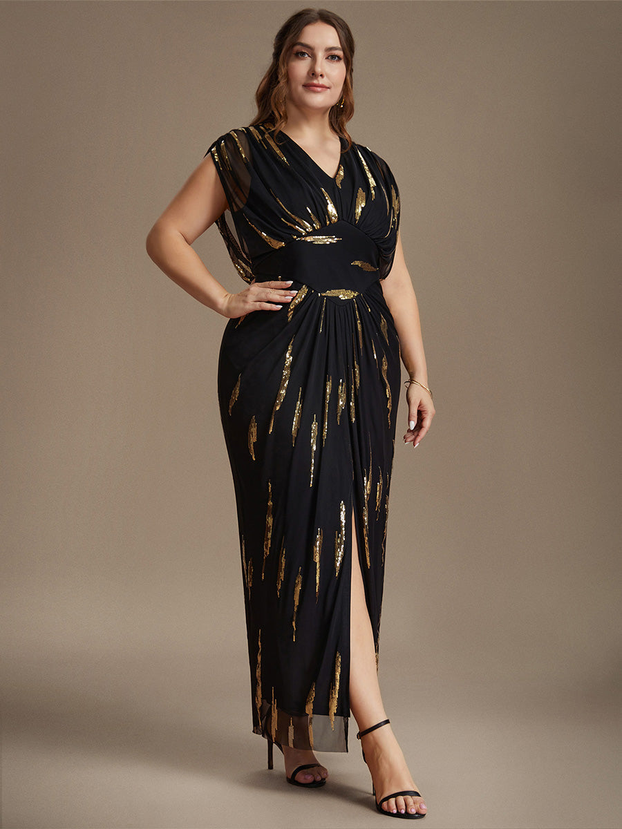 Slit Tulle Butterfly Sleeve Evening Dress