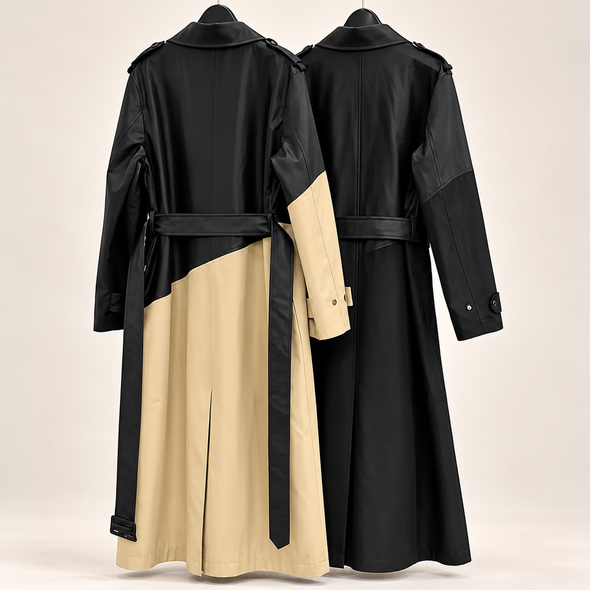 Kadın Siyah Bej Deri Detaylı Uzun Trençkot – Patchwork, Kuşaklı, Bol Kesim