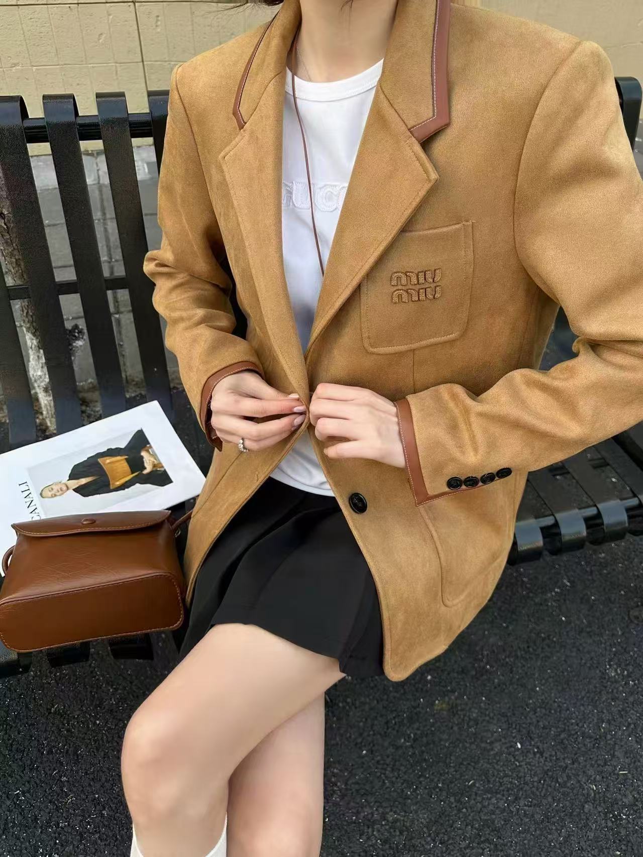 Kadın Haki Kahverengi Deri Detaylı Denim Blazer Ceket