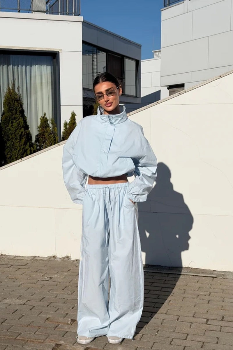 Women's Loose Fit Stand Collar Zip-Up Cardigan and Wide-Leg Pants Set