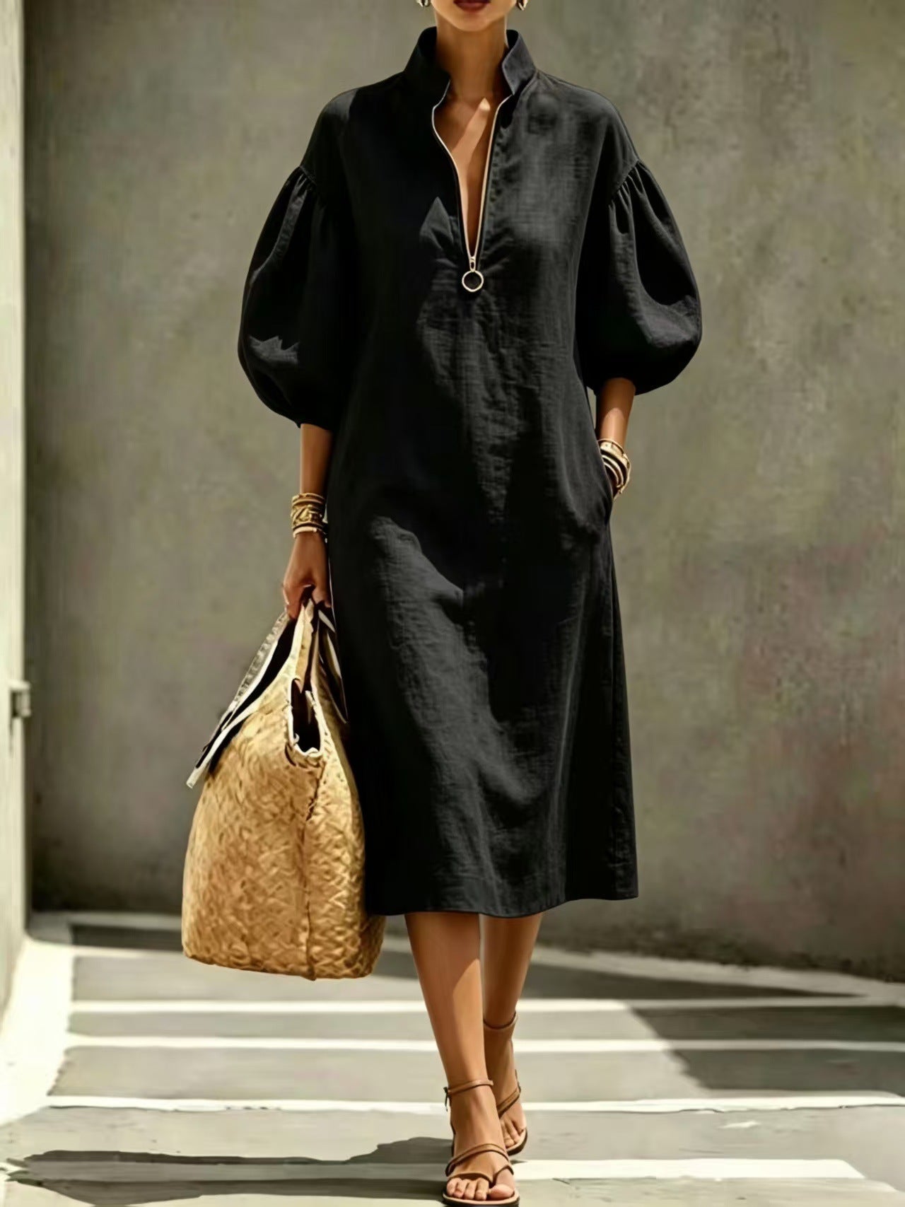 Women's Linen-Look Stand Collar Balloon Sleeve Half-Zip Relaxed Fit Dress