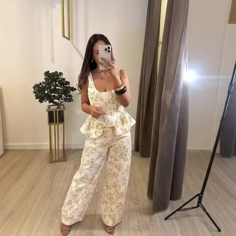 High-Waisted Wide-Leg Patterned Pants Two-Piece Set