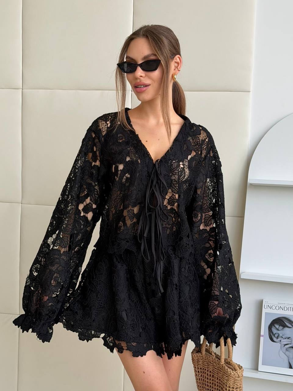 Women's Lace Detail Sheer Wide Sleeve Tie-Front Shirt and Shorts Set