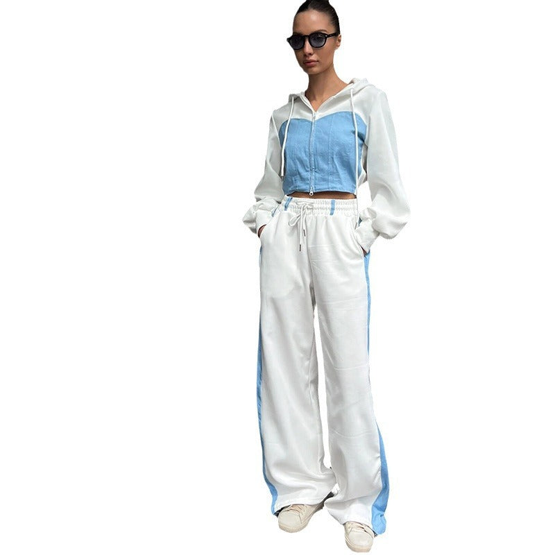 <font dir="auto" style="vertical-align: inherit;"><font dir="auto" style="vertical-align: inherit;">Amazon dış ticaret Avrupa ve Amerikalı kadınların renk bloke eden moda seti seksi beli açığa çıkardığı kapüşonlu renk bloke eden hırka eşofman altı iki par