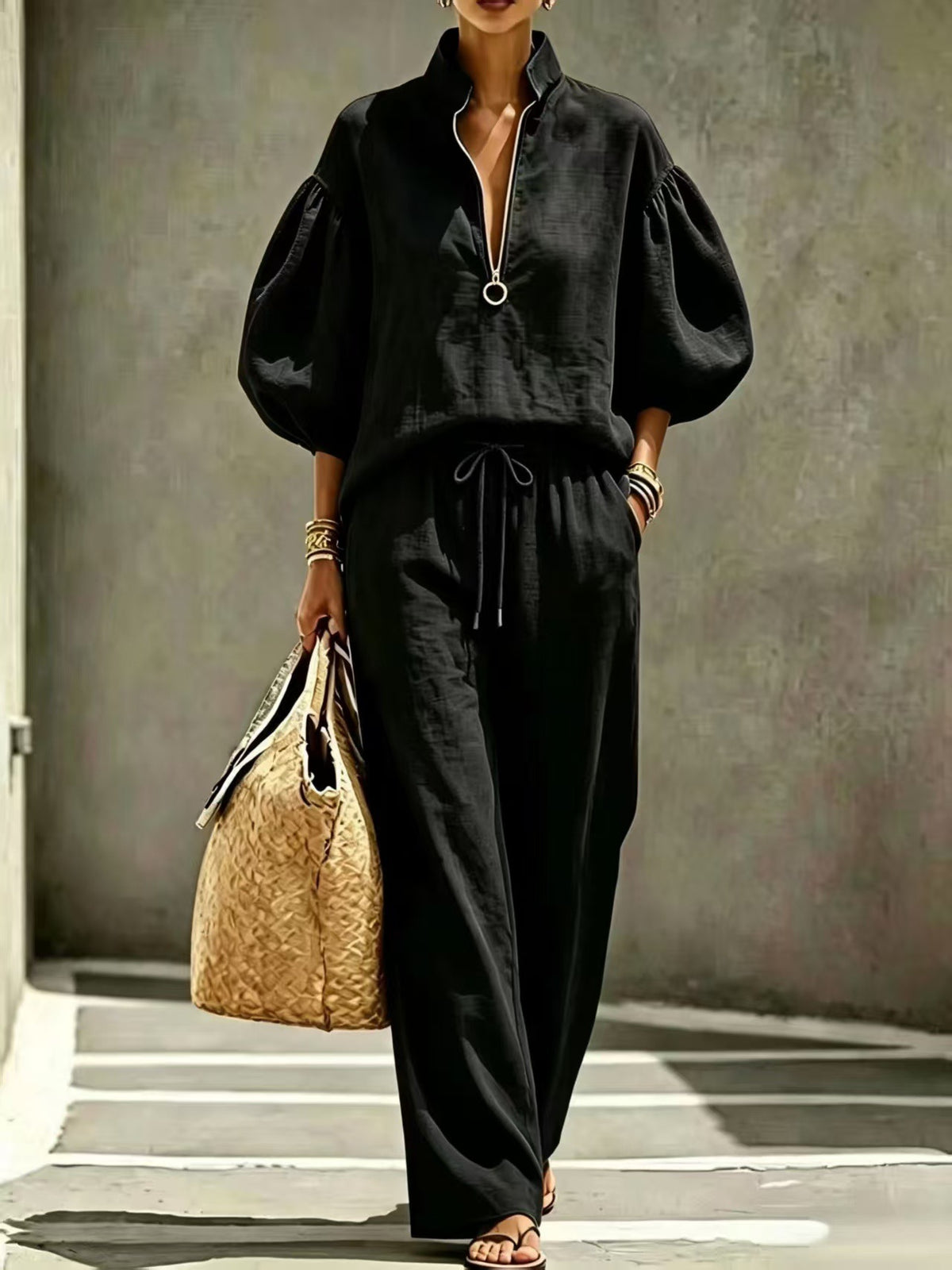 Women's Linen-Look Stand Collar Balloon Sleeve Blouse and Wide-Leg Trouser Set