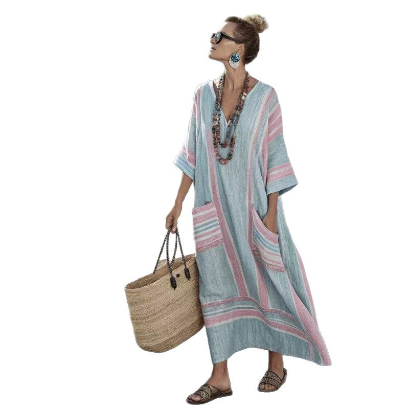 Geometrik Dijital Baskılı V Yaka Plaj Elbisesi – Canlı Renkli Bohem Kaftan Tunik