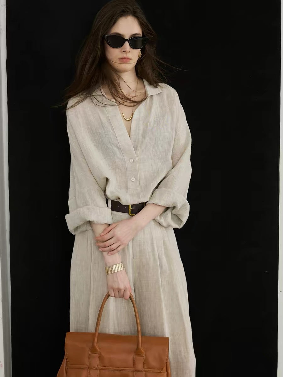 Women's Linen Vintage-Style Long Sleeve Shirt and Trouser Set