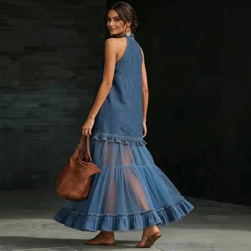 Kadın Denim Örgü Halter Yaka Kolsuz Fırfır Detaylı Maxi Elbise