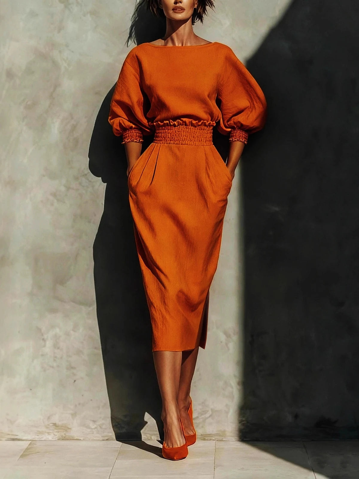Women's Lantern Sleeve Blouse and Slit Midi Skirt Set