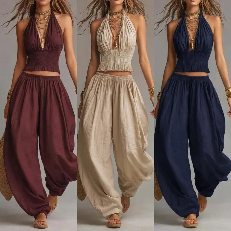 Kadın Keten Bohem Halter Yaka Geniş Paça Pantolonlu İkili Takım