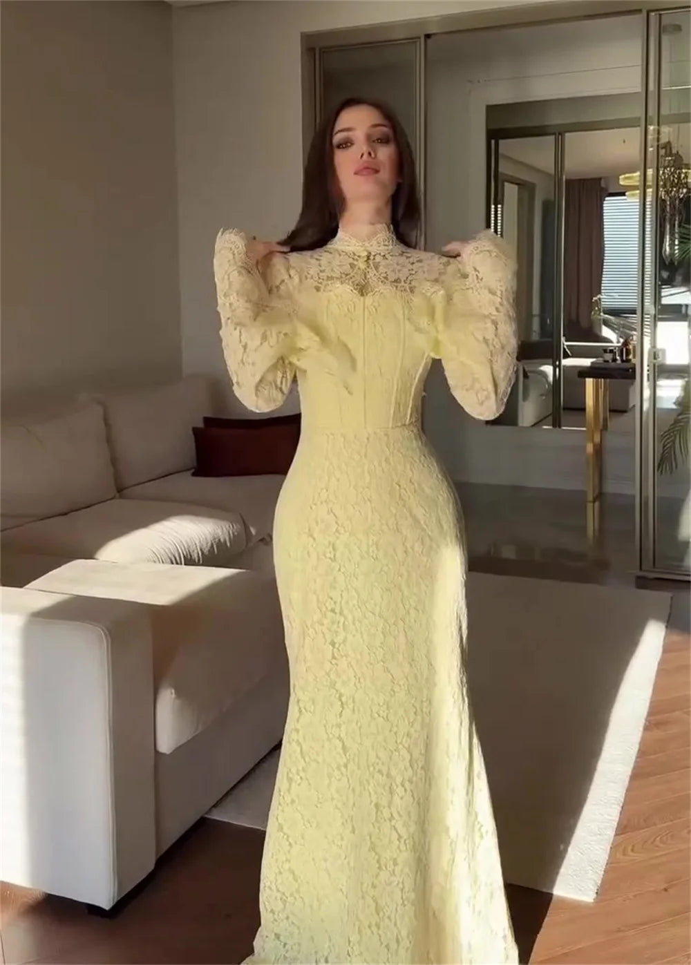 Kadın Davet Dantel Uzun kollu Maxi Elbise