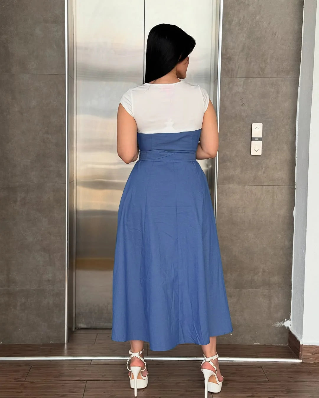 Kadın Ofis Kısa kollu Denim Dar Kesim A Kesim Maxi Elbise