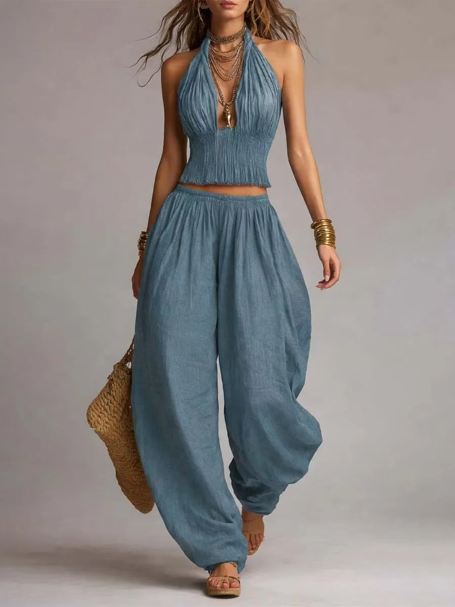 Kadın Keten Halter Yaka Geniş Paça Crop Bohem Üst ve Pantolon Takımı