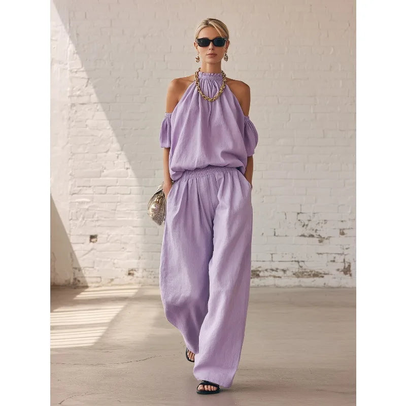 Kadın Düz Renk Omuzları Açık Kısa Kollu Yüksek Bel Geniş Paça Üst ve Pantolon Takımı