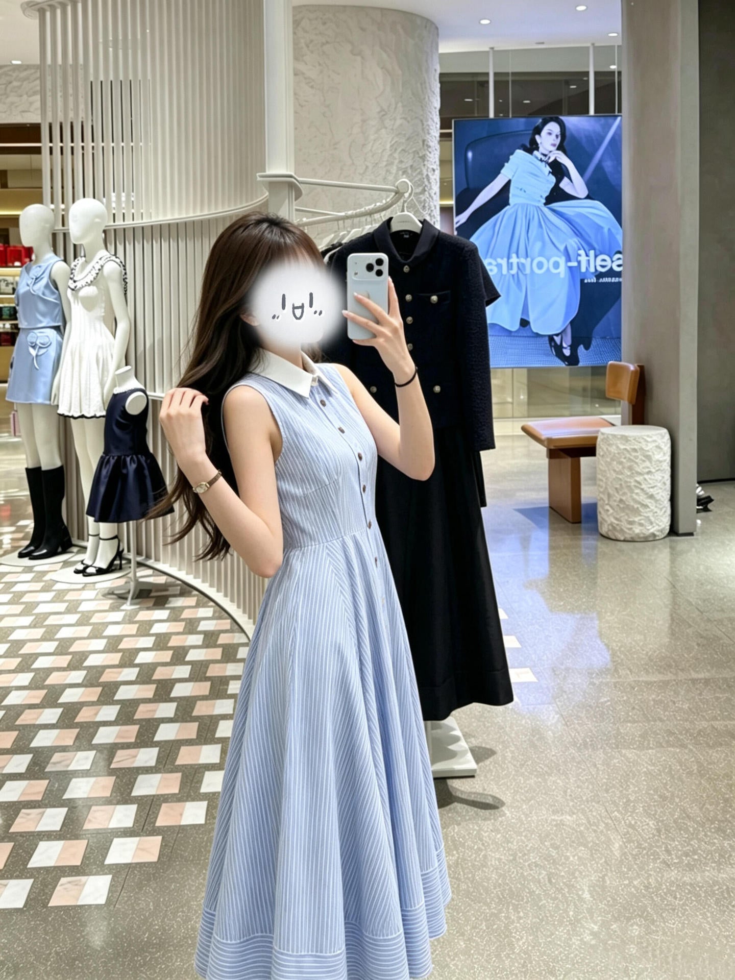 Açık Mavi Çizgili Gömlek Yaka Kolsuz Midi Elbise