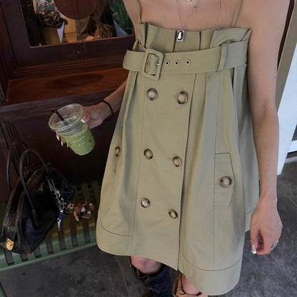 Korean Style Khaki Strappy Mini Dress - Summer A-Line Dress