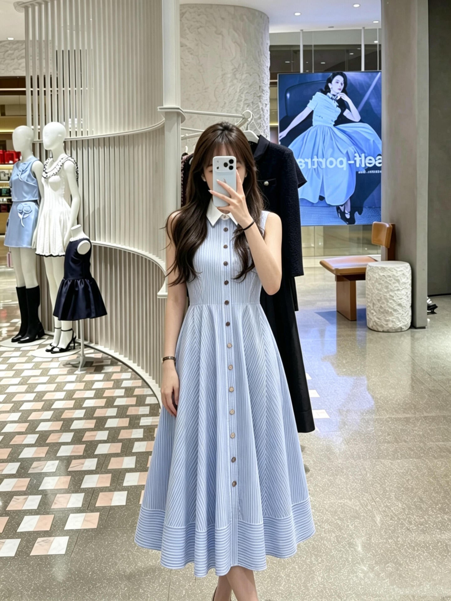 Açık Mavi Çizgili Gömlek Yaka Kolsuz Midi Elbise