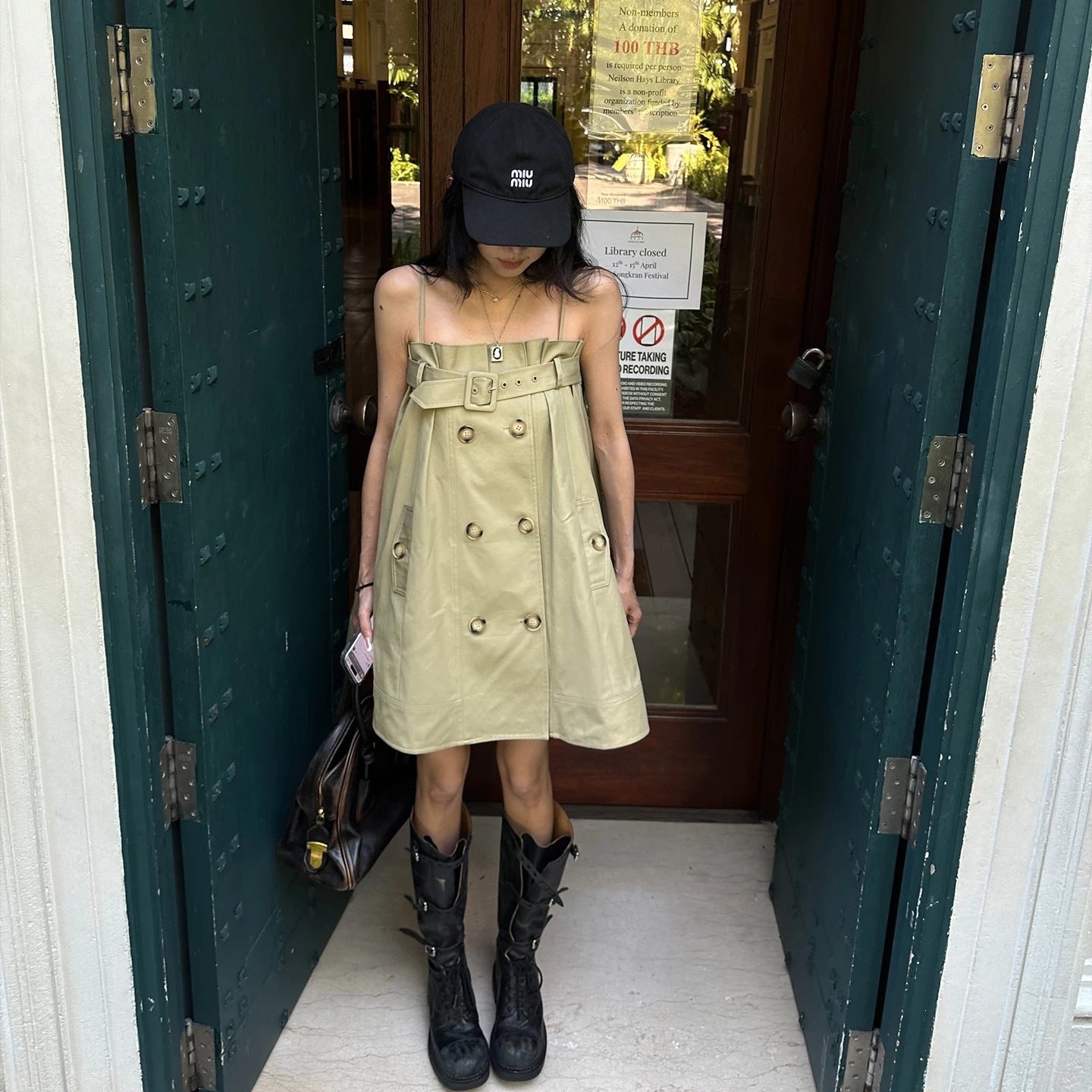 Korean Style Khaki Strappy Mini Dress - Summer A-Line Dress
