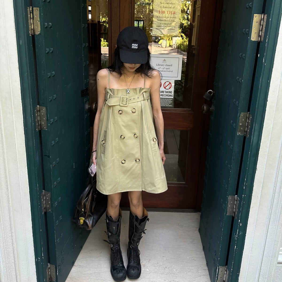 Korean Style Khaki Strappy Mini Dress - Summer A-Line Dress