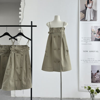 Korean Style Khaki Strappy Mini Dress - Summer A-Line Dress