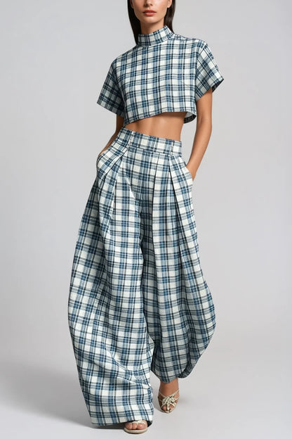 Hapi Plaid Cropped Wide-Leg Pants Set