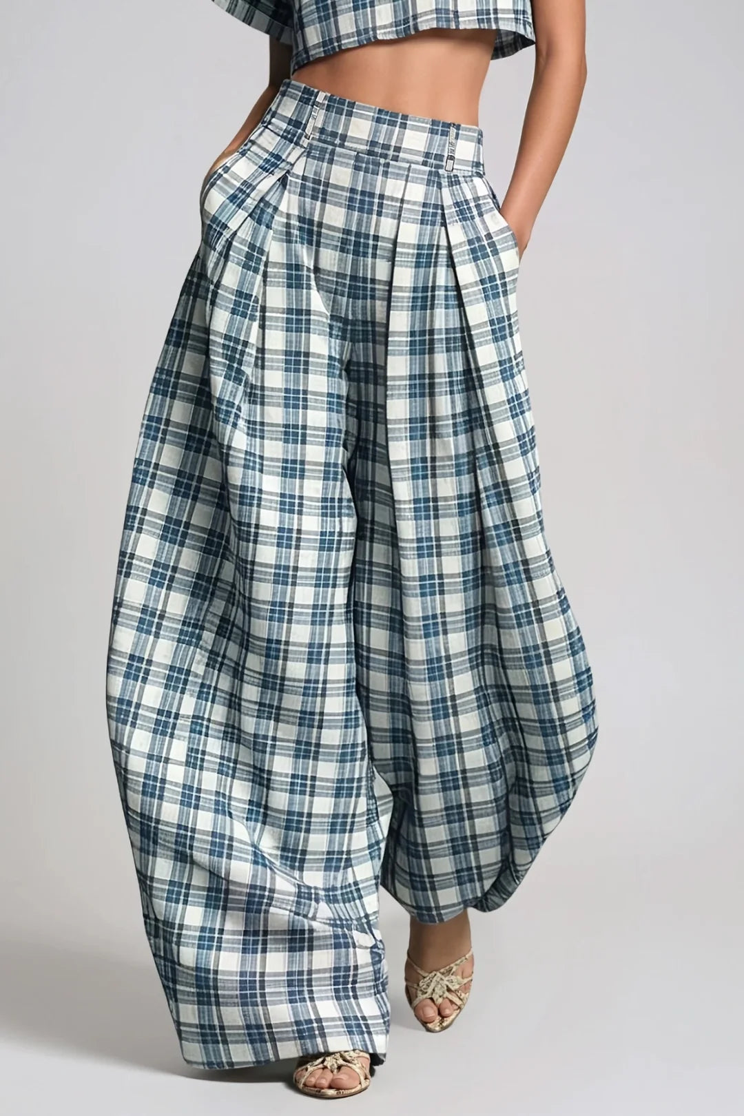 Hapi Plaid Cropped Wide-Leg Pants Set