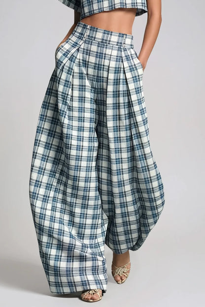 Hapi Plaid Cropped Wide-Leg Pants Set
