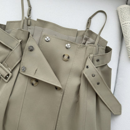 Korean Style Khaki Strappy Mini Dress - Summer A-Line Dress