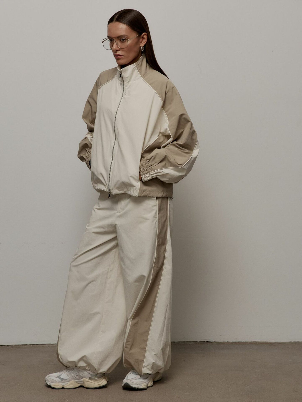 Women's Oversized Color-Block Zip-Up Relaxed Tracksuit Set
