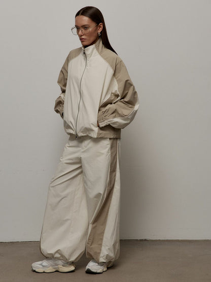 Women's Oversized Color-Block Zip-Up Relaxed Tracksuit Set