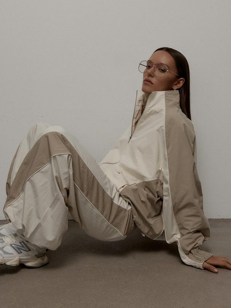 Women's Oversized Color-Block Zip-Up Relaxed Tracksuit Set