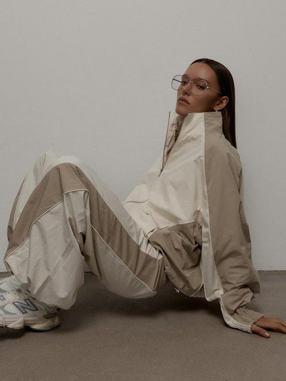 Women's Oversized Color-Block Zip-Up Relaxed Tracksuit Set