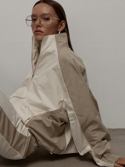 Women's Oversized Color-Block Zip-Up Relaxed Tracksuit Set