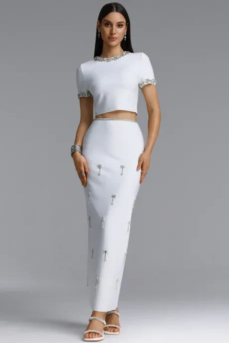 Lennon Elegant Short Sleeve Round Neck Rhinestone Blouse and Skirt Set