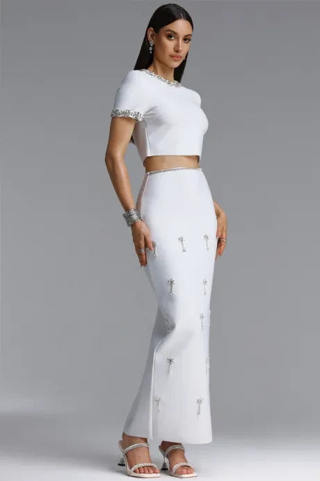 Lennon Elegant Short Sleeve Round Neck Rhinestone Blouse and Skirt Set