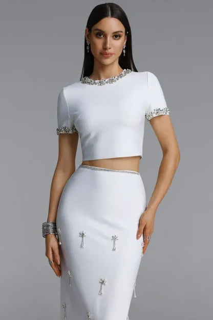 Lennon Elegant Short Sleeve Round Neck Rhinestone Blouse and Skirt Set