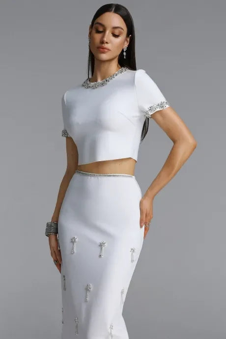 Lennon Elegant Short Sleeve Round Neck Rhinestone Blouse and Skirt Set