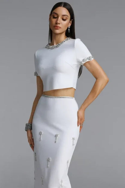 Lennon Elegant Short Sleeve Round Neck Rhinestone Blouse and Skirt Set