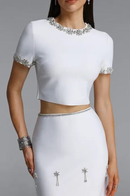 Lennon Elegant Short Sleeve Round Neck Rhinestone Blouse and Skirt Set