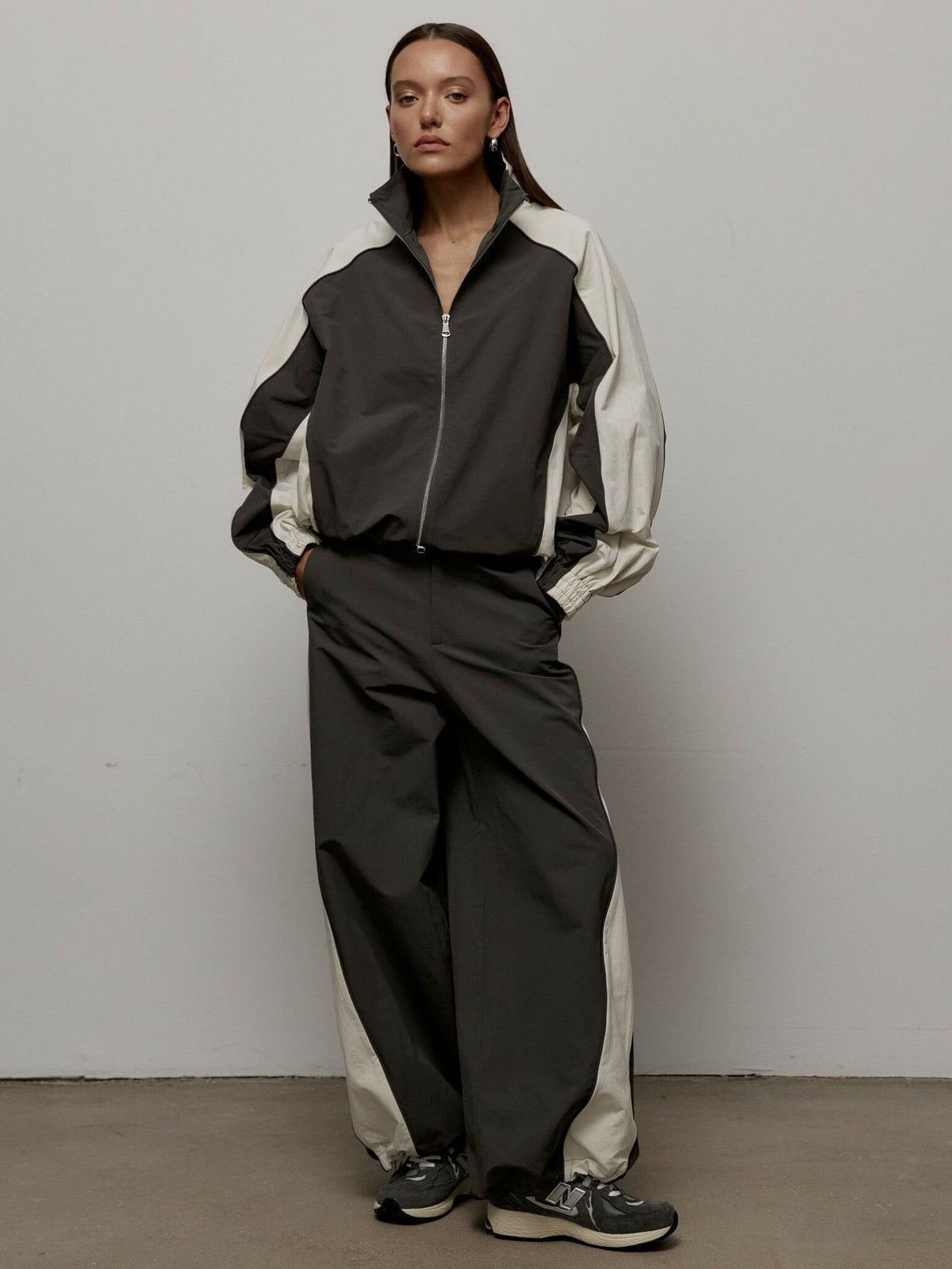 Women's Oversized Color-Block Zip-Up Relaxed Tracksuit Set