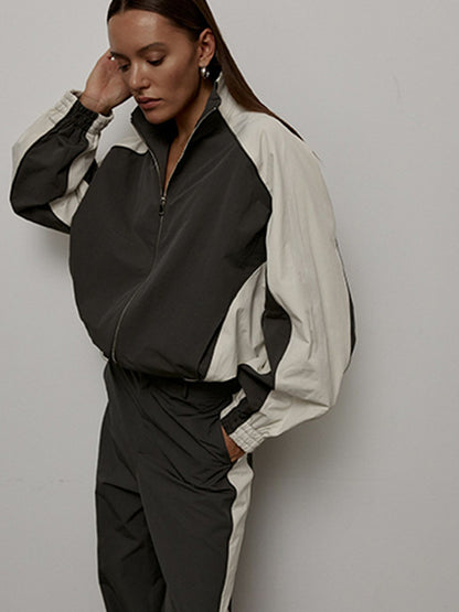 Women's Oversized Color-Block Zip-Up Relaxed Tracksuit Set