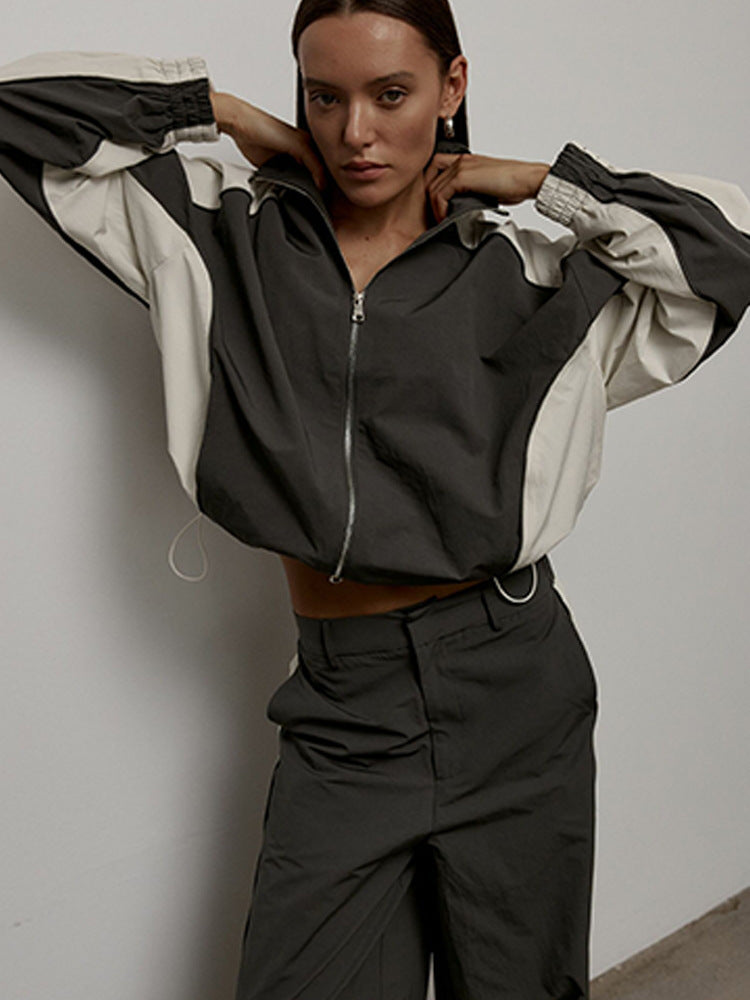 Women's Oversized Color-Block Zip-Up Relaxed Tracksuit Set