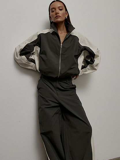 Women's Oversized Color-Block Zip-Up Relaxed Tracksuit Set