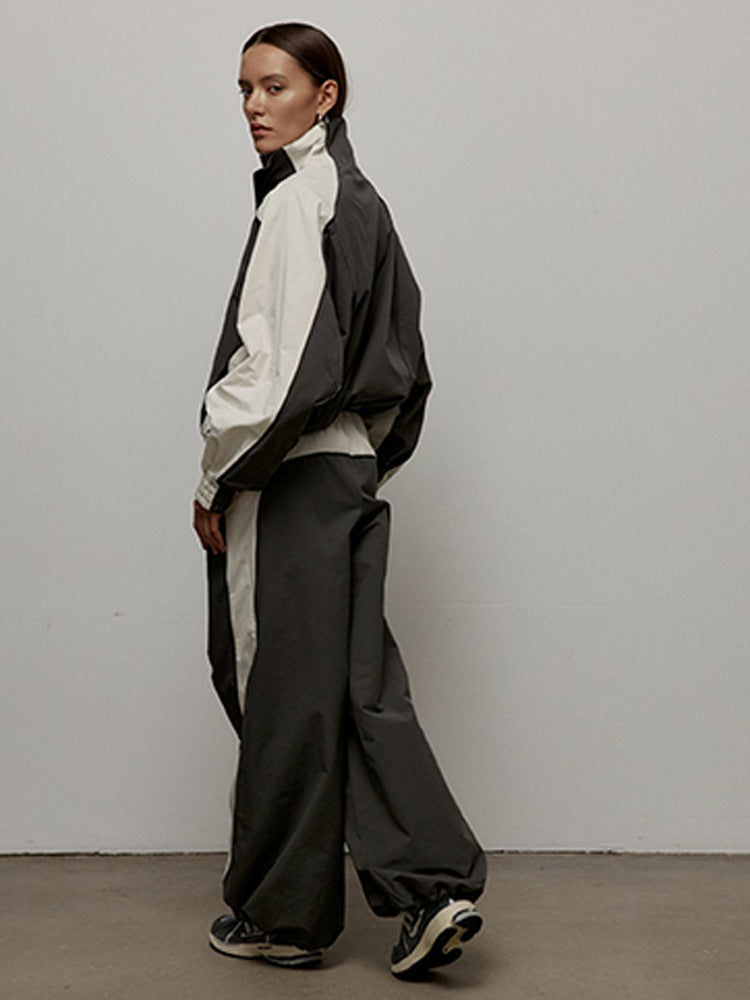 Women's Oversized Color-Block Zip-Up Relaxed Tracksuit Set