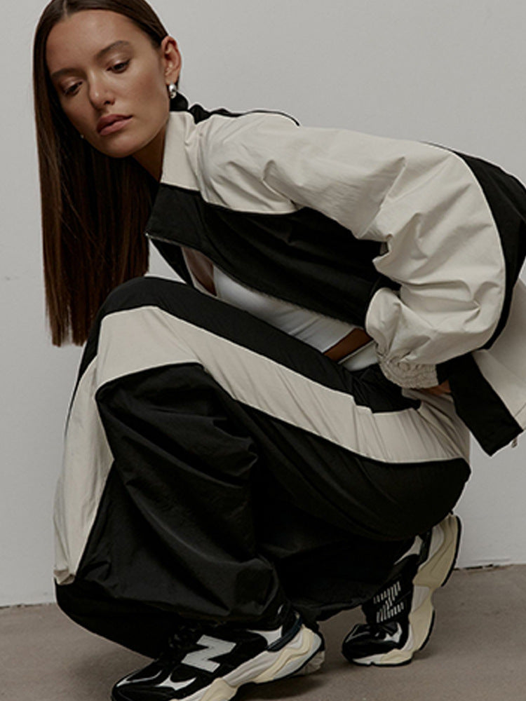 Women's Oversized Color-Block Zip-Up Relaxed Tracksuit Set
