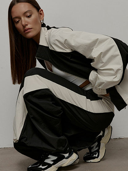 Women's Oversized Color-Block Zip-Up Relaxed Tracksuit Set