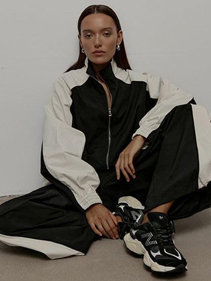 Women's Oversized Color-Block Zip-Up Relaxed Tracksuit Set